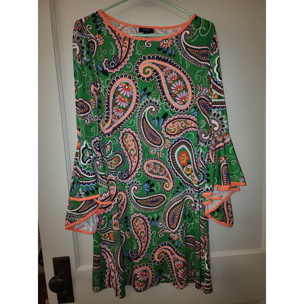 MSK Boho Paisley Ruffled Bell Sleeved Shift Dress | Size Large